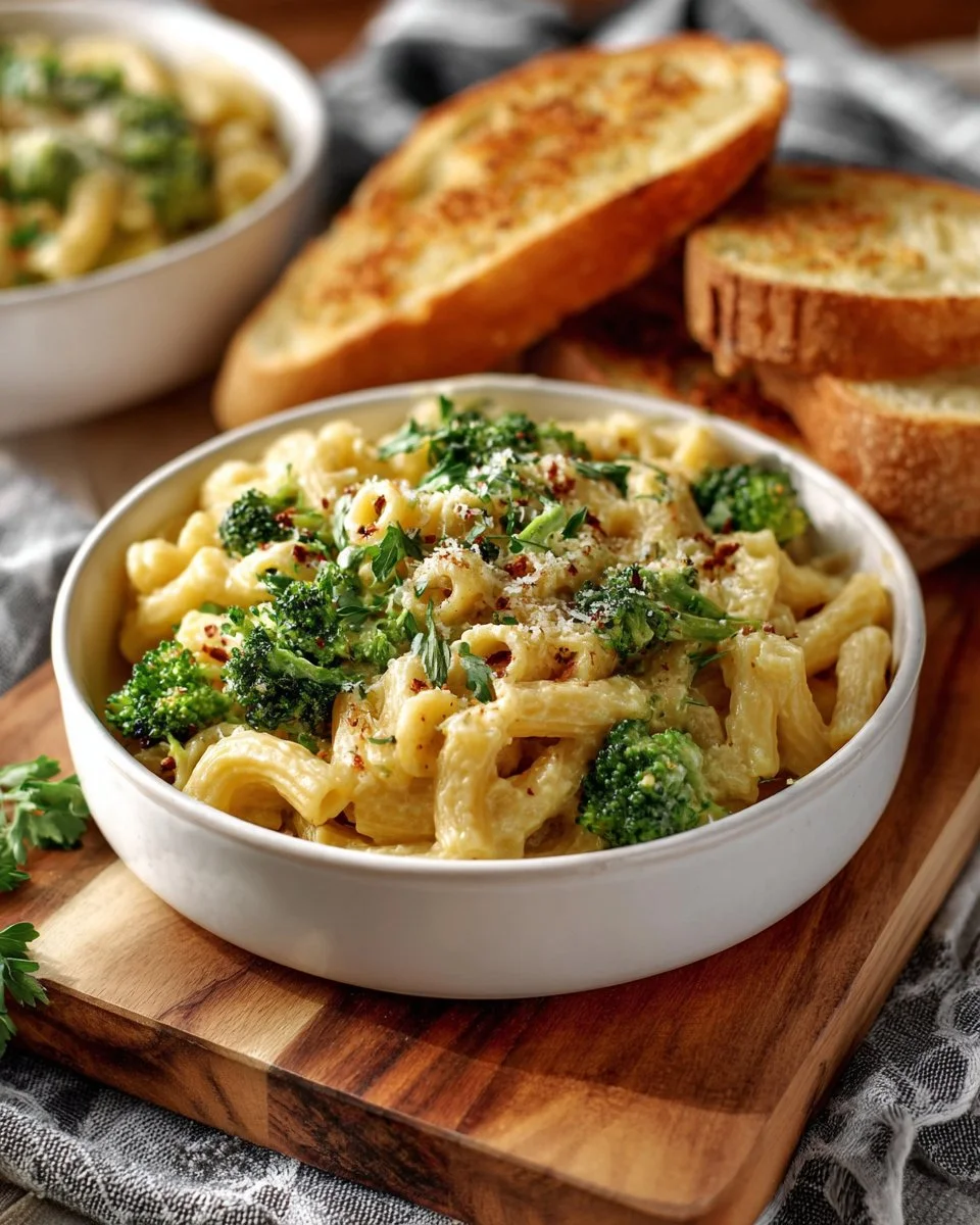 Bowl of Broccoli Cheddar Mac and Cheese topped with fresh broccoli and cheese