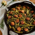 Cajun smothered green beans with sausage served in a bowl
