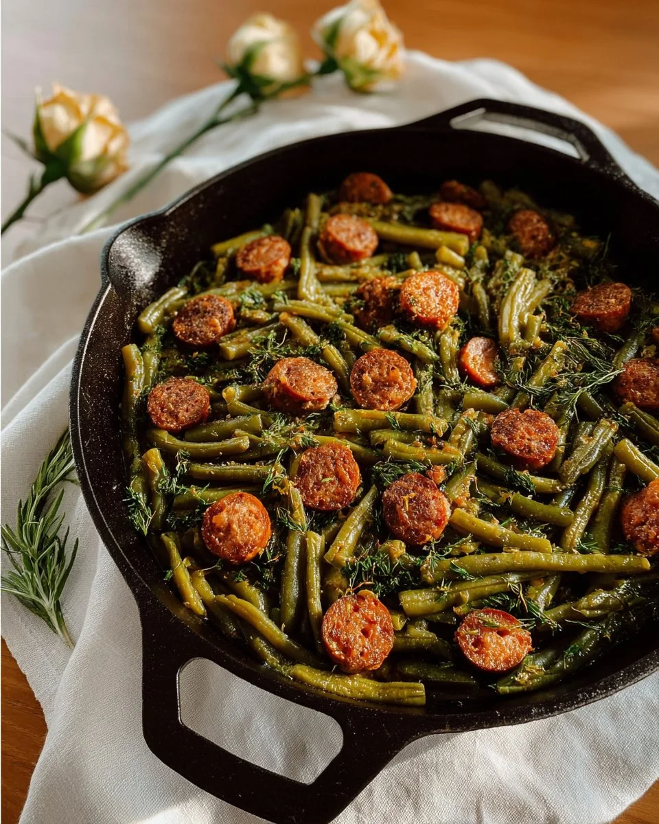 Cajun smothered green beans with sausage served in a bowl