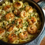 Cheese tortellini skillet with shrimp and herbs in a frying pan
