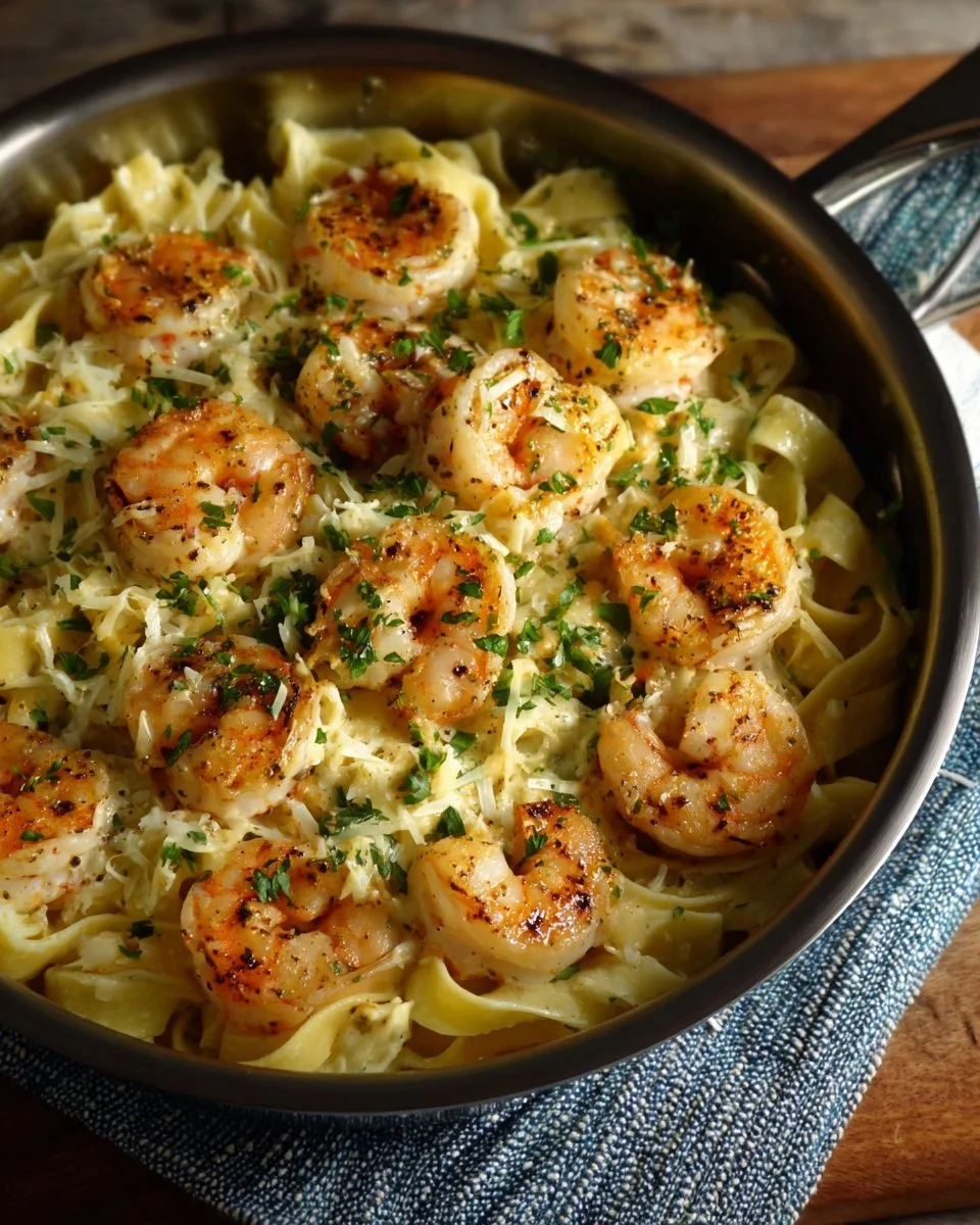 Cheese tortellini skillet with shrimp and herbs in a frying pan