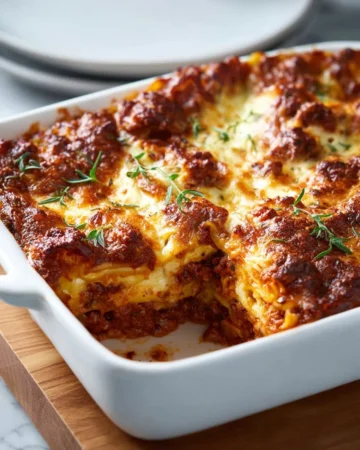 Delicious cheesy beef lasagna layered with rich meat sauce and melted cheese