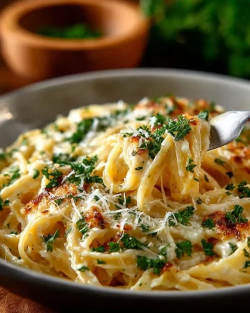 Delicious bowl of garlic parmesan spaghetti topped with cheese and herbs
