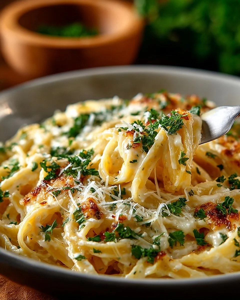 Delicious bowl of garlic parmesan spaghetti topped with cheese and herbs