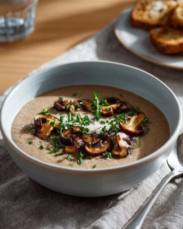 Bowl of Chef John's creamy mushroom soup garnished with herbs
