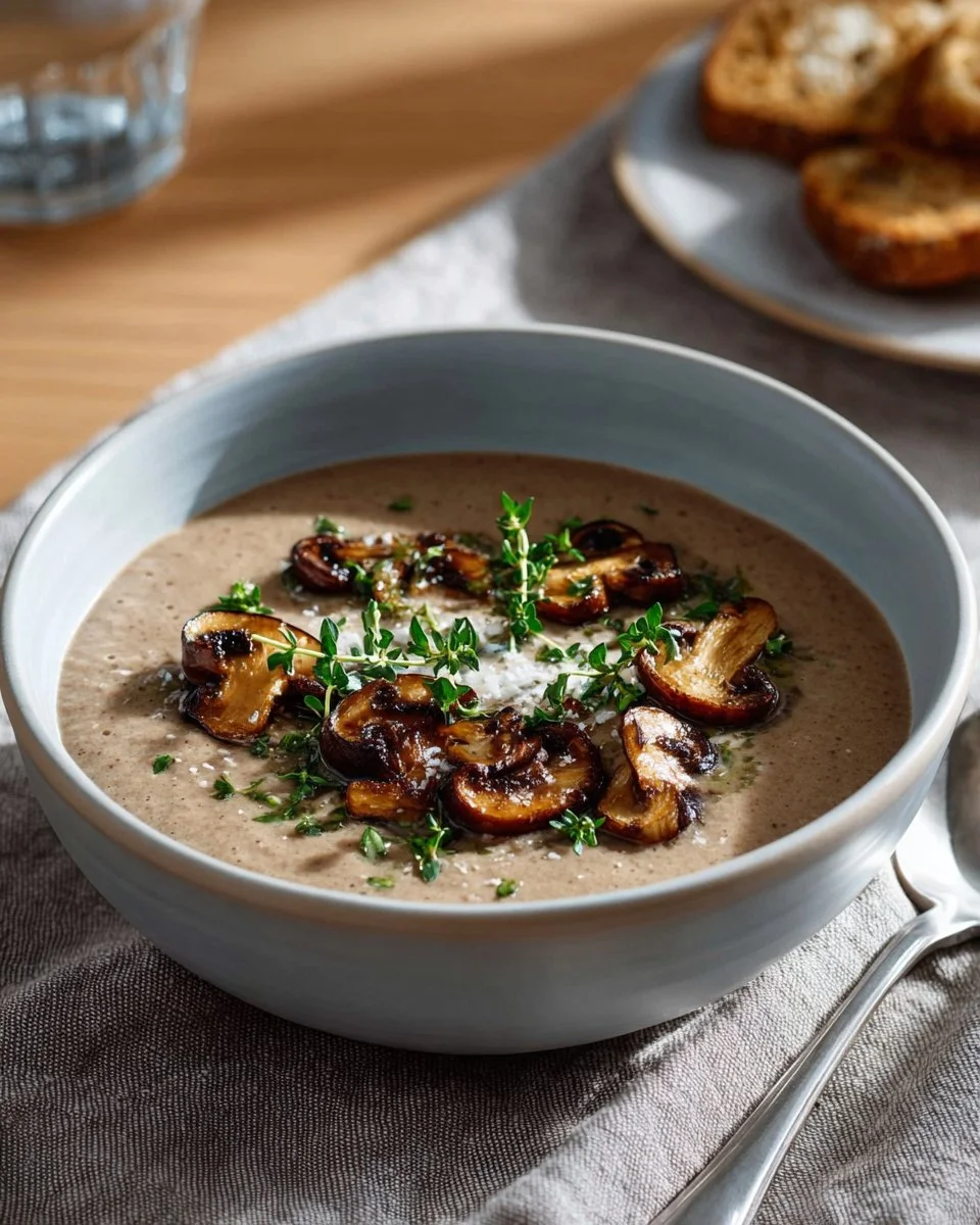 Bowl of Chef John's creamy mushroom soup garnished with herbs