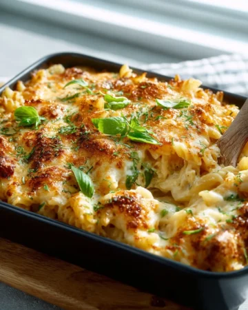 Delicious Chicken Alfredo Casserole in a baking dish topped with cheese