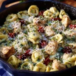 A savory Chicken Tortellini Pesto Skillet topped with fresh basil and parmesan cheese