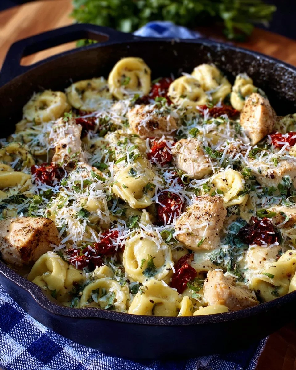 A savory Chicken Tortellini Pesto Skillet topped with fresh basil and parmesan cheese