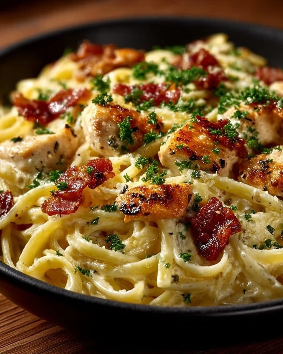 Creamy Chicken Bacon Ranch Pasta served in a bowl with herbs