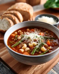 Bowl of classic minestrone soup with vegetables and pasta