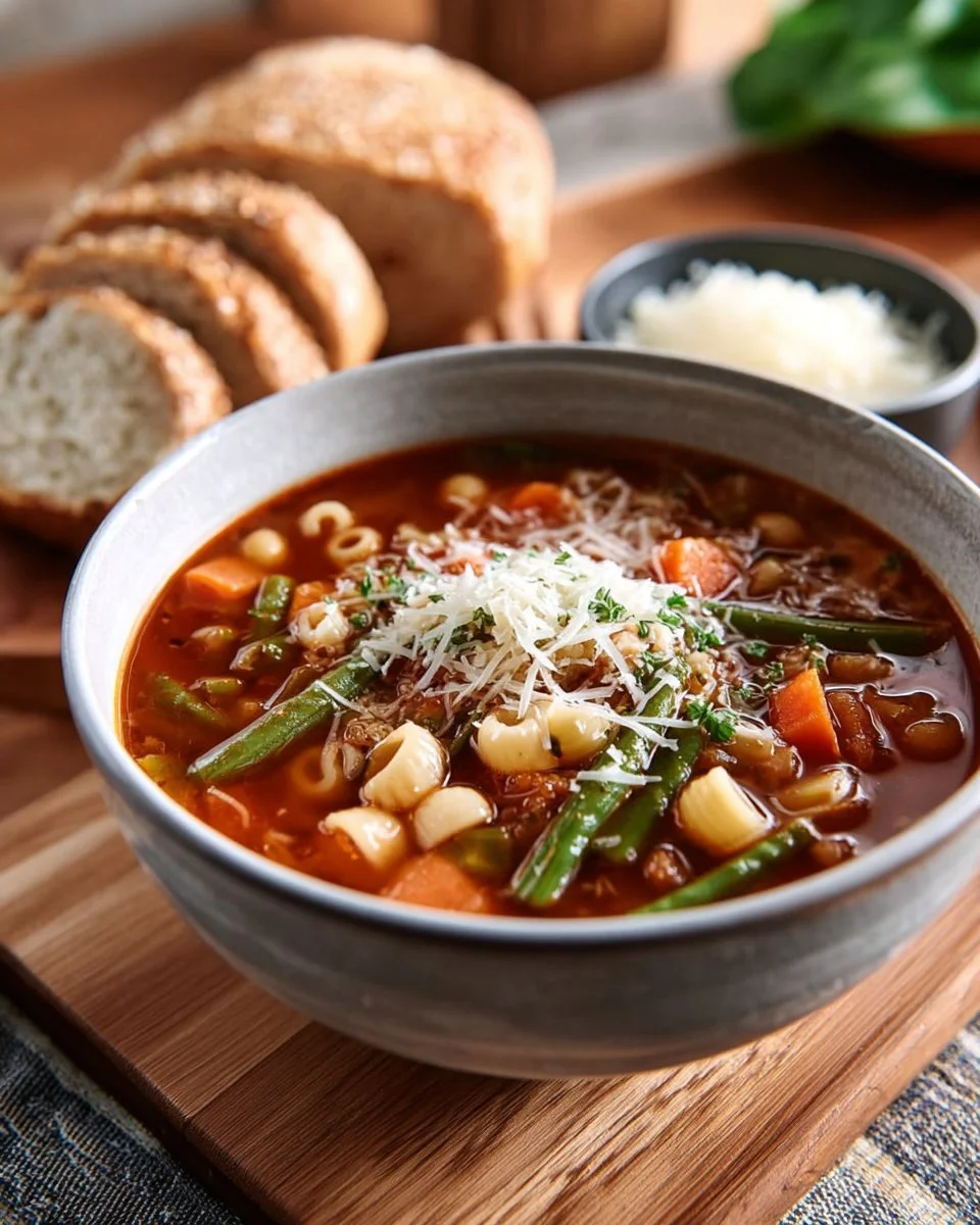 Bowl of classic minestrone soup with vegetables and pasta