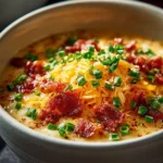 Bowl of classic potato soup topped with fresh herbs and bacon bits