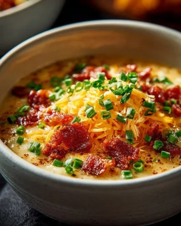 Bowl of classic potato soup topped with fresh herbs and bacon bits