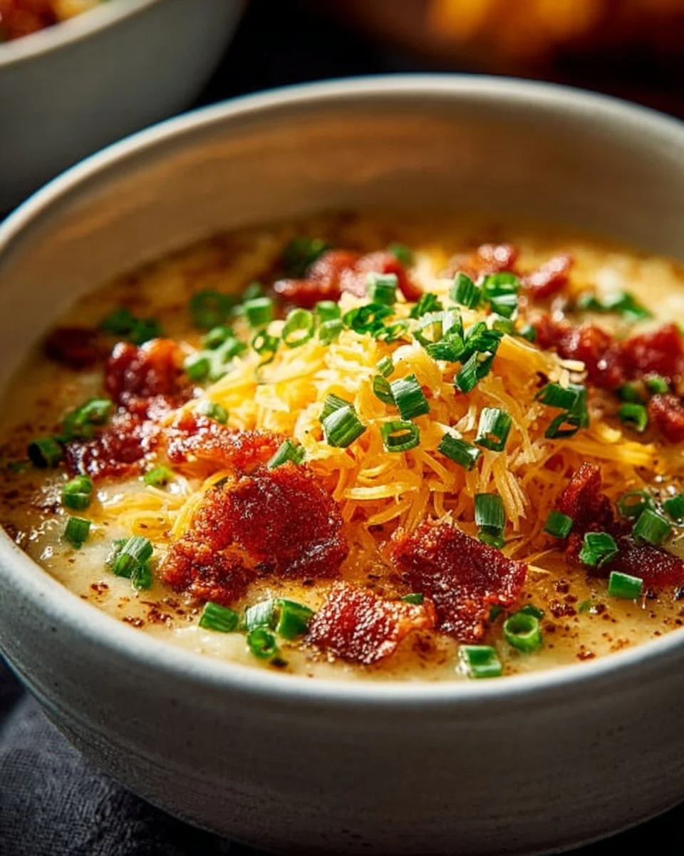 Bowl of classic potato soup topped with fresh herbs and bacon bits