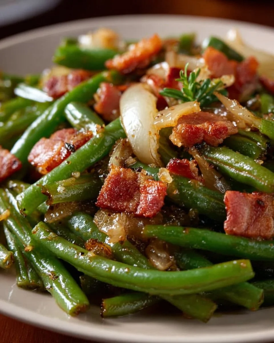 Plate of Classic Southern Green Beans served as a delicious side dish.