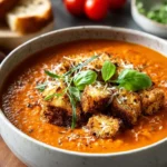 Bowl of classic tomato basil soup with fresh basil leaves and croutons