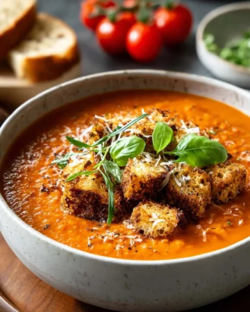 Bowl of classic tomato basil soup with fresh basil leaves and croutons