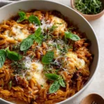 Plate of comforting Tomato and Basil Pasta garnished with fresh basil