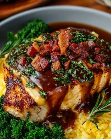 Delicious Cowboy BBQ Bacon Cheddar Chicken recipe with grilled chicken and toppings.
