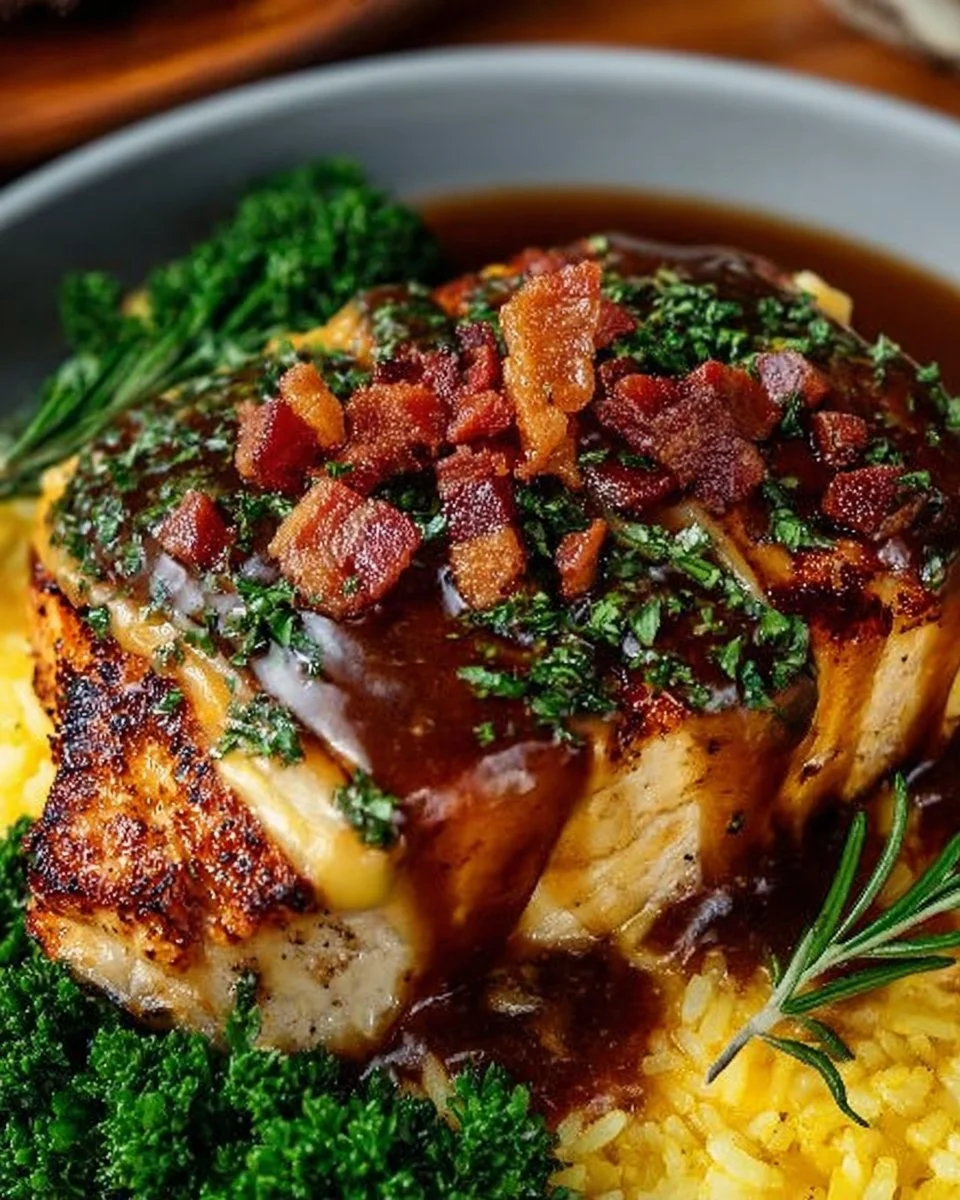 Delicious Cowboy BBQ Bacon Cheddar Chicken recipe with grilled chicken and toppings.