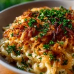 Creamy French Onion Chicken Orzo Casserole with melted cheese and herbs