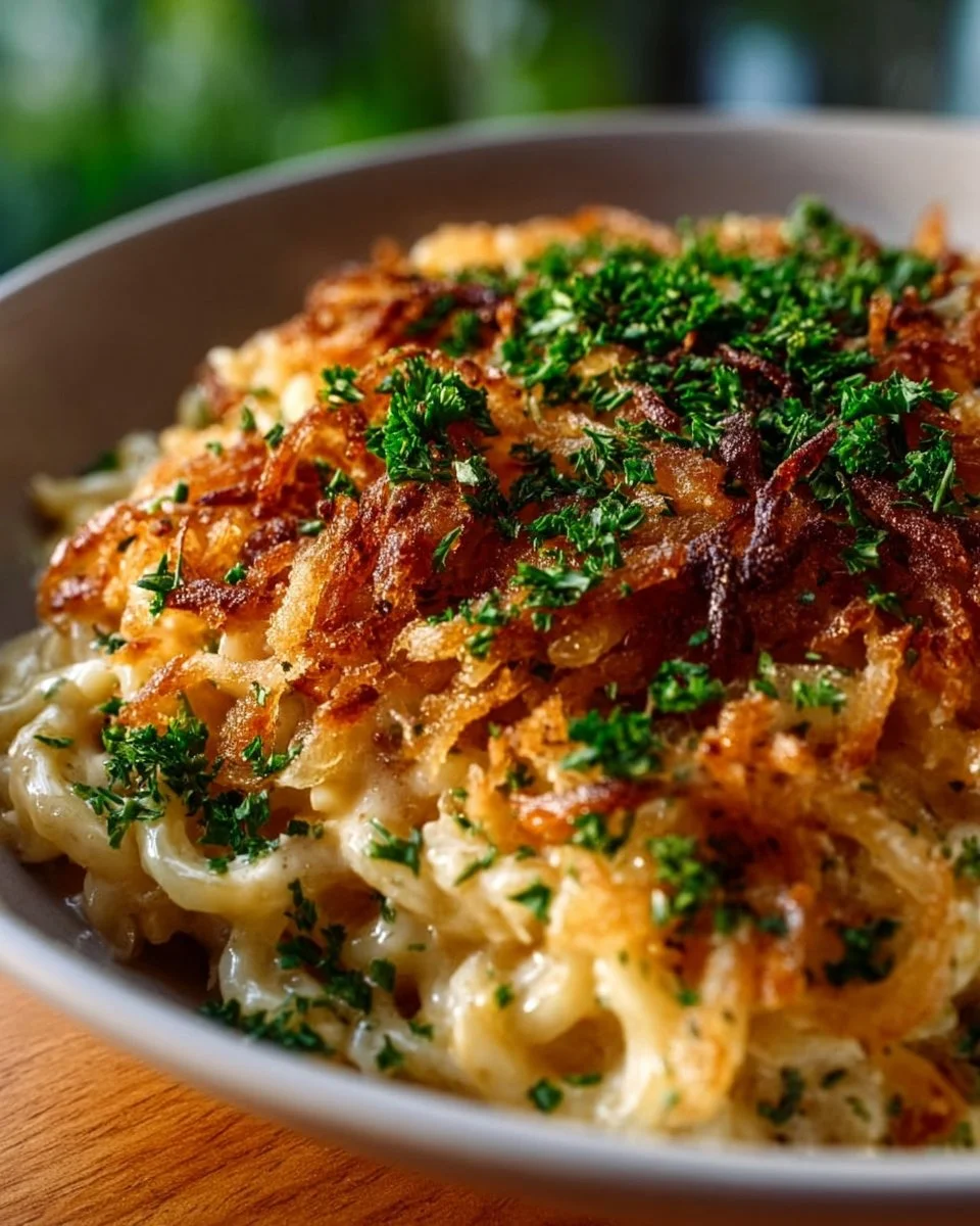 Creamy French Onion Chicken Orzo Casserole with melted cheese and herbs