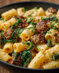 Creamy Italian sausage rigatoni topped with herbs in a bowl