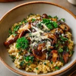 Delicious creamy mushroom risotto served in a bowl with fresh herbs