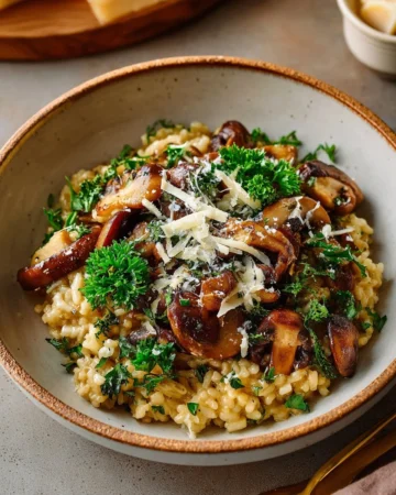 Delicious creamy mushroom risotto served in a bowl with fresh herbs