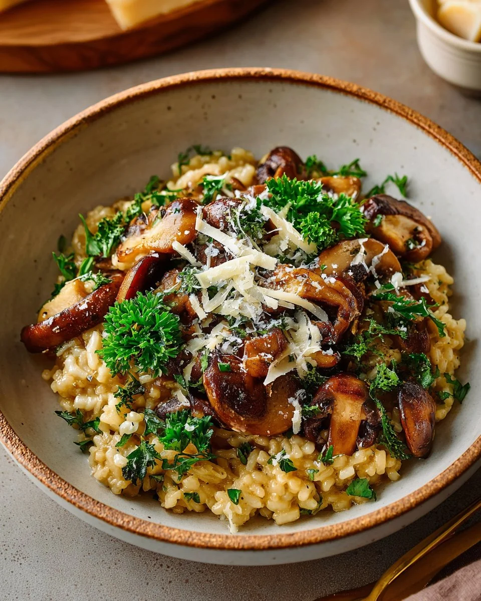 Delicious creamy mushroom risotto served in a bowl with fresh herbs