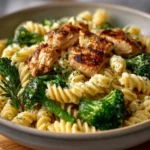 Creamy rotisserie chicken broccoli pasta dish served in a bowl with ingredients