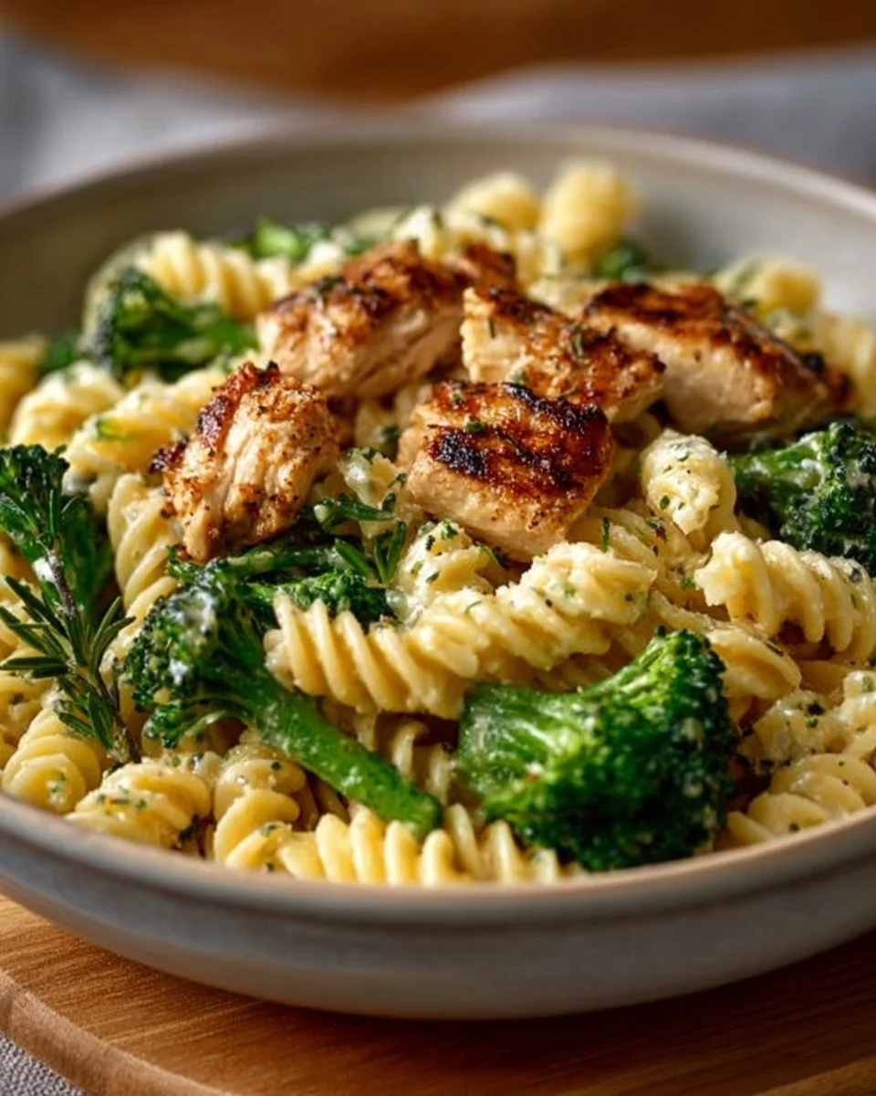 Creamy rotisserie chicken broccoli pasta dish served in a bowl with ingredients