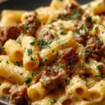 Creamy sausage rigatoni served in a bowl, garnished with fresh herbs
