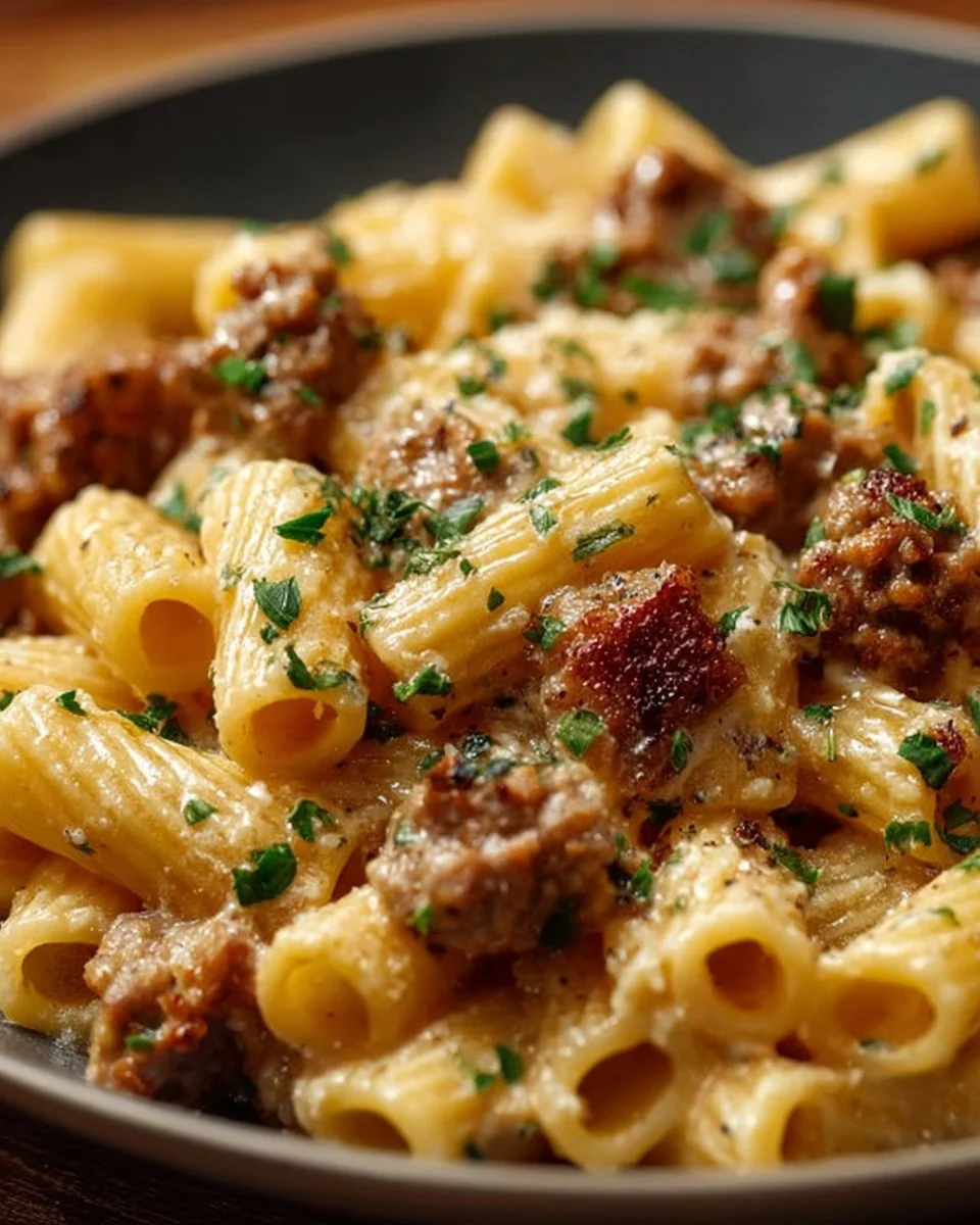 Creamy sausage rigatoni served in a bowl, garnished with fresh herbs