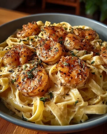 Creamy shrimp fettuccine pasta served in a bowl with herbs and garnish