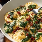 Creamy sun-dried tomato and spinach ravioli dish served on a plate