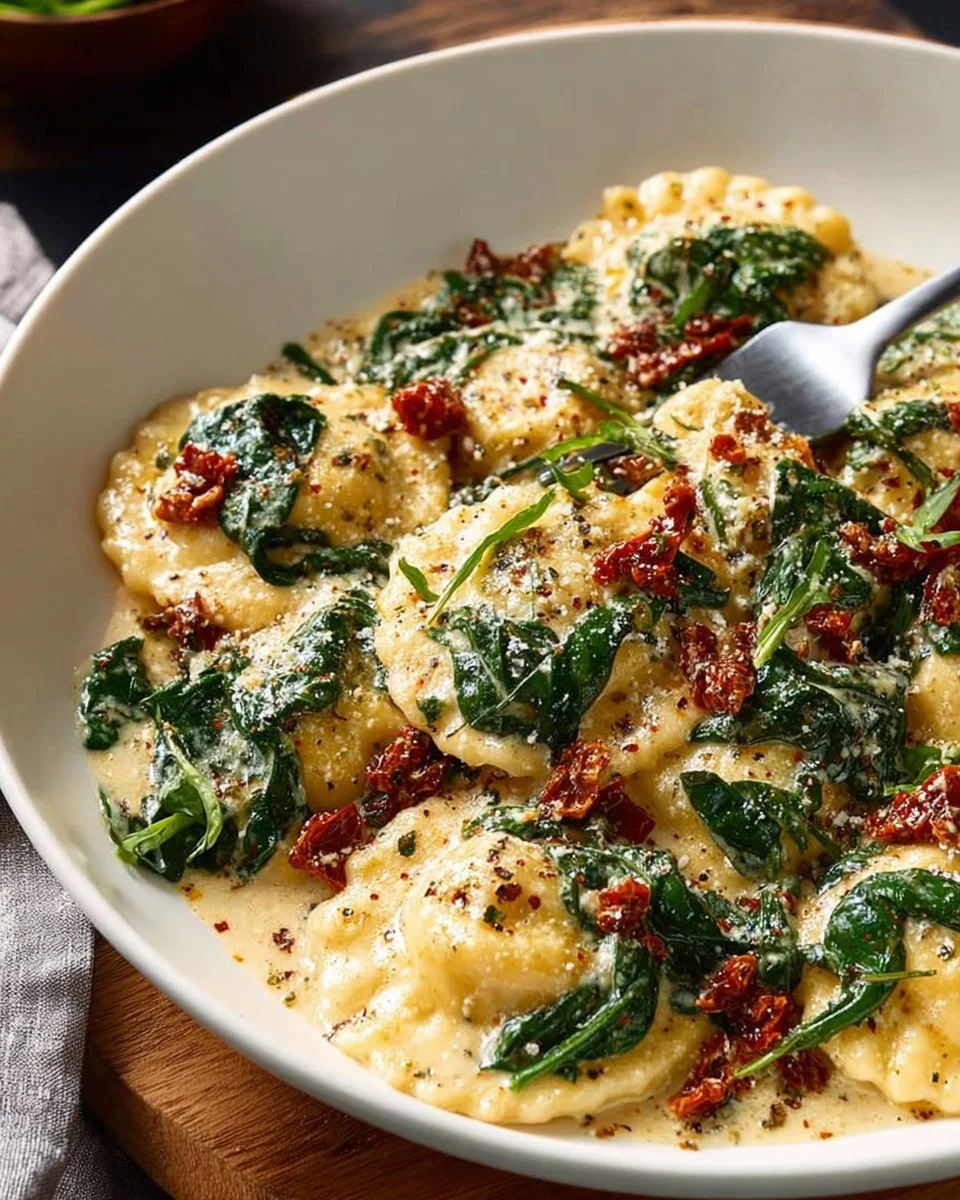 Creamy sun-dried tomato and spinach ravioli dish served on a plate