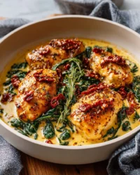 Delicious Creamy Tuscan Garlic Chicken served with herbs and vegetables