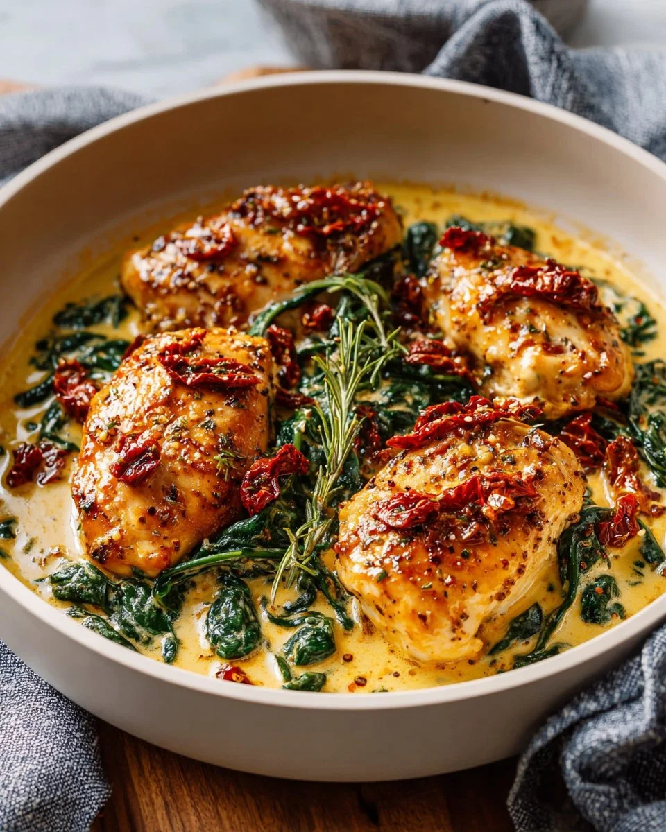 Delicious Creamy Tuscan Garlic Chicken served with herbs and vegetables