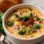 Bowl of creamy vegetable soup garnished with fresh herbs and vegetables