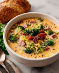 Bowl of creamy vegetable soup garnished with fresh herbs and vegetables