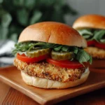 Crispy pickle-brined chicken sandwich with pickles and toppings