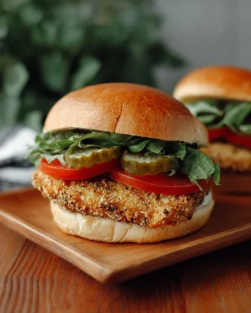 Crispy pickle-brined chicken sandwich with pickles and toppings
