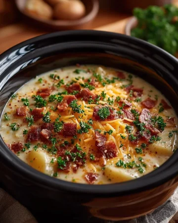 Delicious Crock Pot Crack Potato Soup served in a bowl garnished with chives and cheese.