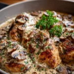 Crock Pot Creamy Mushroom Chicken served with herbs in a bowl