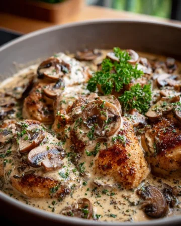 Crock Pot Creamy Mushroom Chicken served with herbs in a bowl