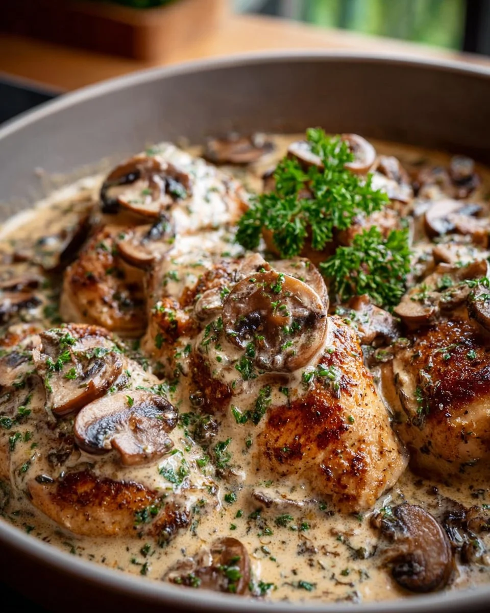 Crock Pot Creamy Mushroom Chicken served with herbs in a bowl