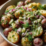 Delicious Dill Pickle Potato Salad served in a bowl, garnished with fresh herbs.