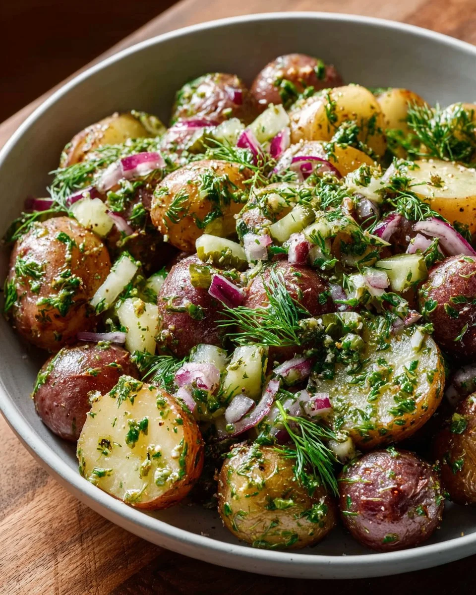 Delicious Dill Pickle Potato Salad served in a bowl, garnished with fresh herbs.